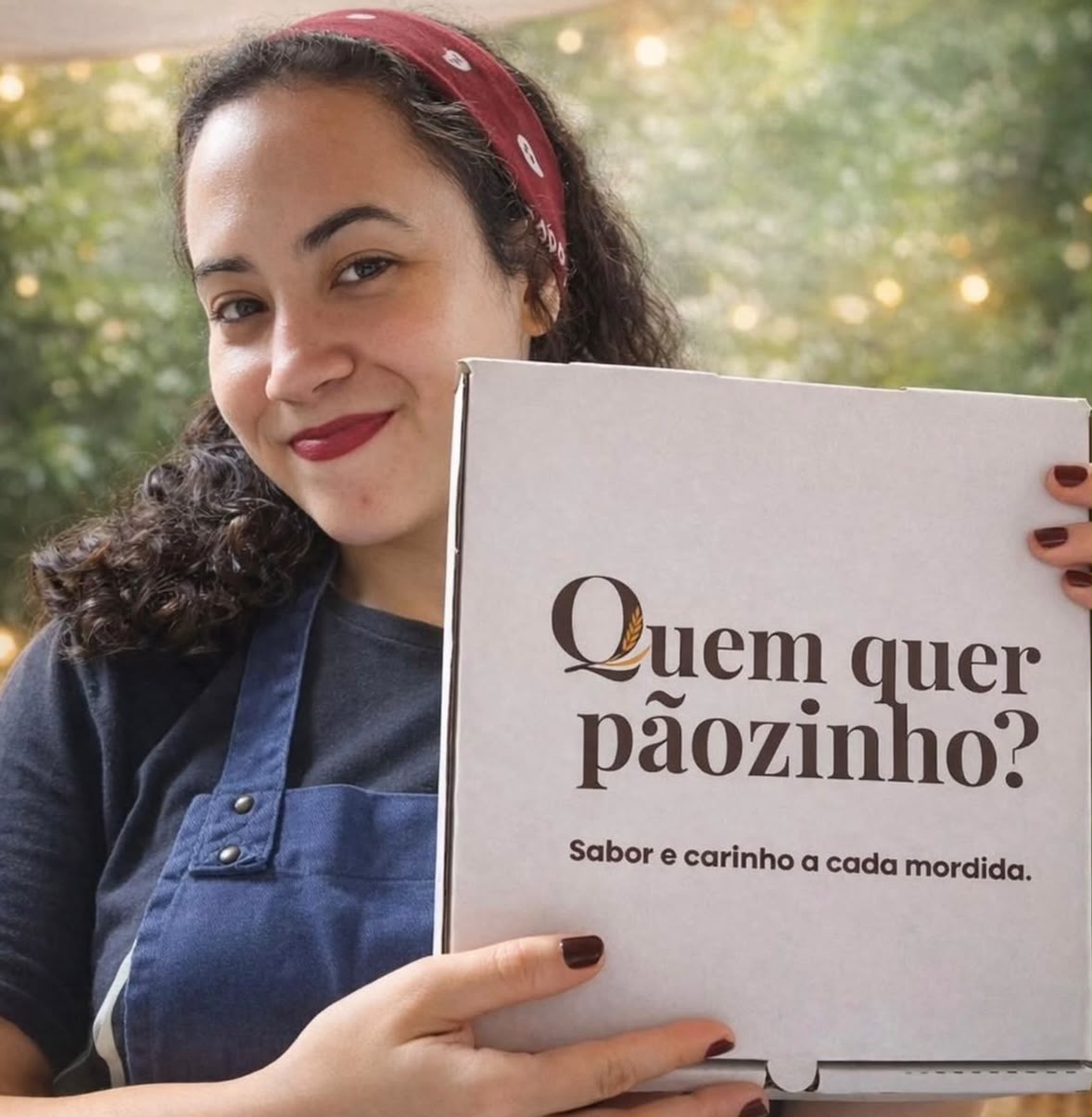 Ana Ferrão, fundadora da Quem Quer Pãozinho?, segurando a caixa da marca